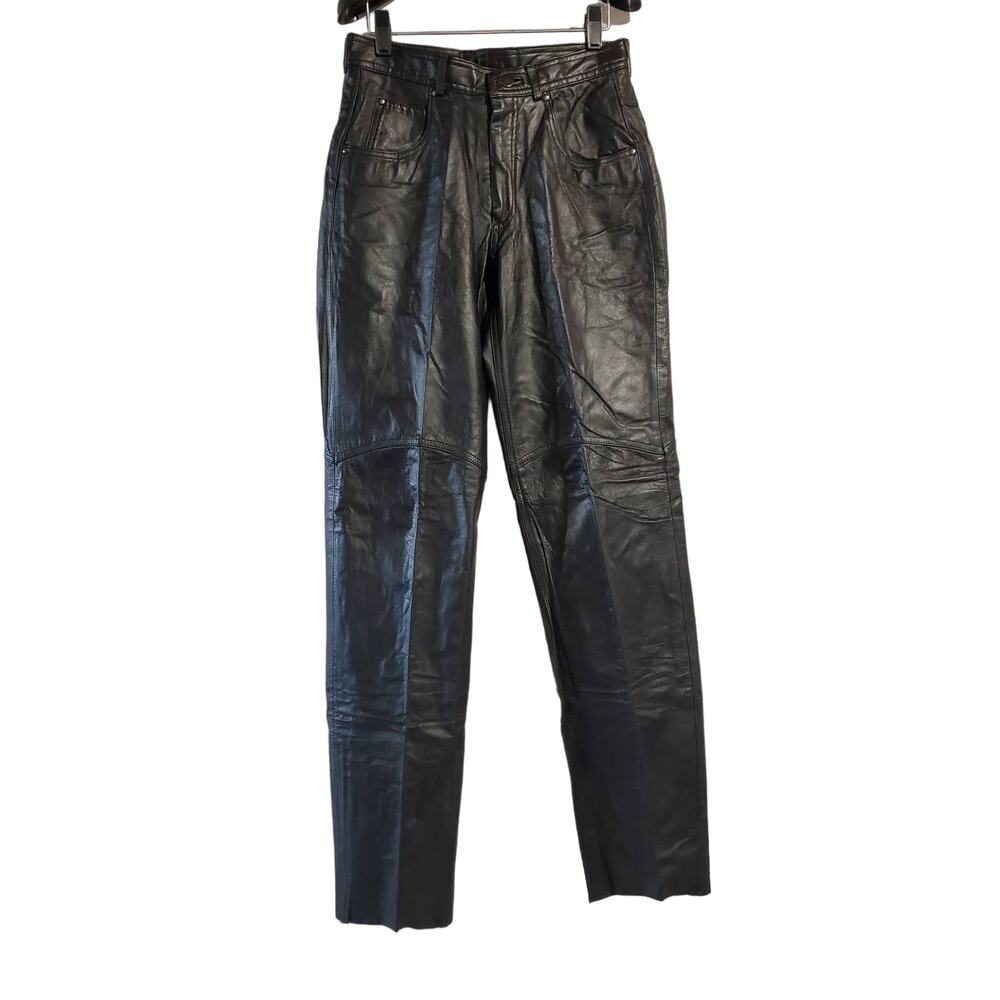 Pelle Cuir Vintage Black Leather Straight Leg Cutoff Moto Pants Women's Size 30